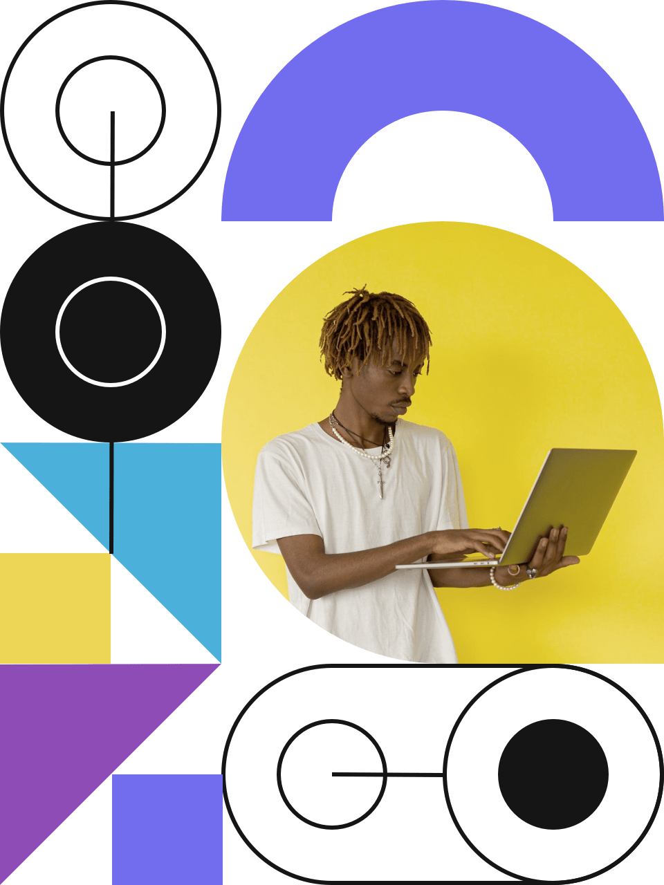 Human with a laptop in hand on a blob shaped background surrounded by different shapes of circles, triangles and squares.